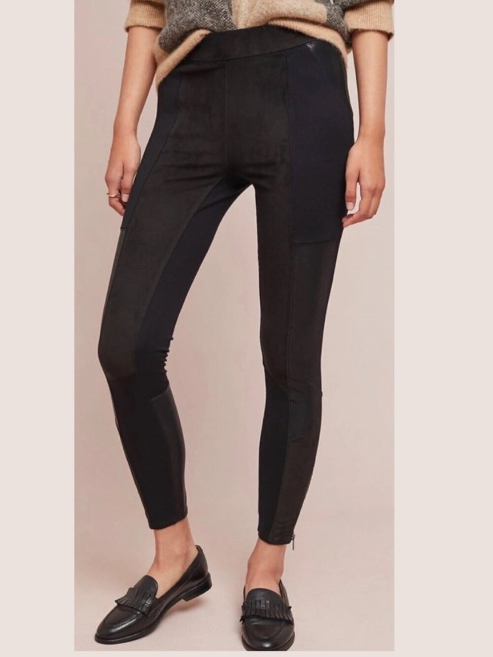 Anthropologie Black Faux Leather Suede Pull On Legging Moto Pants Ankle Zip 25